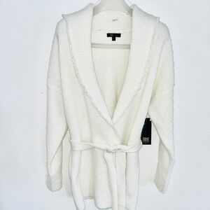 Frye White Knitted Fringed Cardigan with Belt